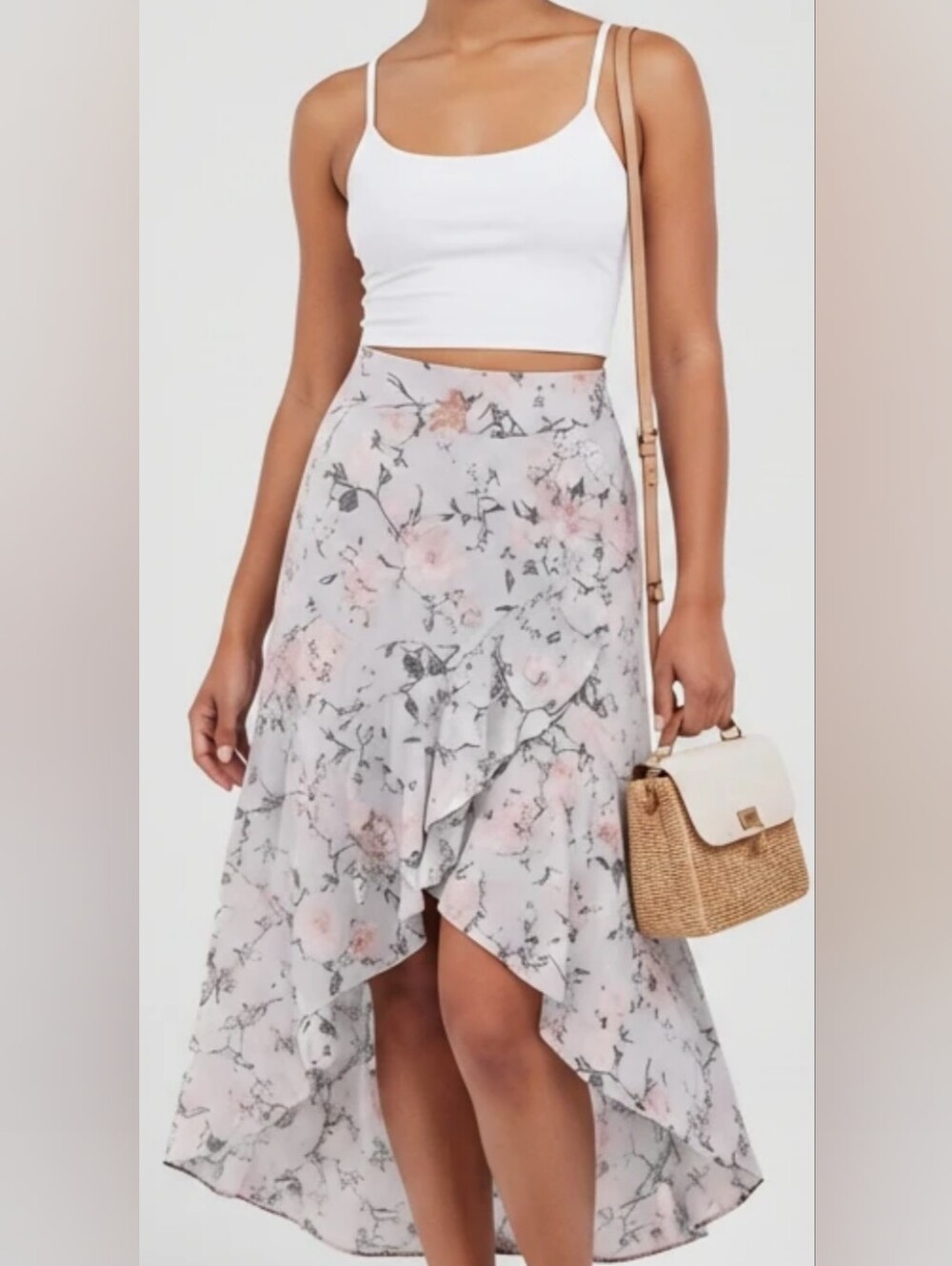 High-Low Floral Ruffle Skirt - White with Soft Pink Floral